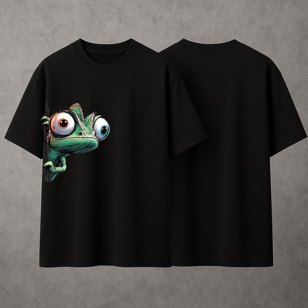 Black Oversized Graphic Tee - Chameleon Design
