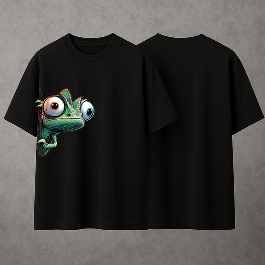 Black Oversized Graphic Tee - Chameleon Design