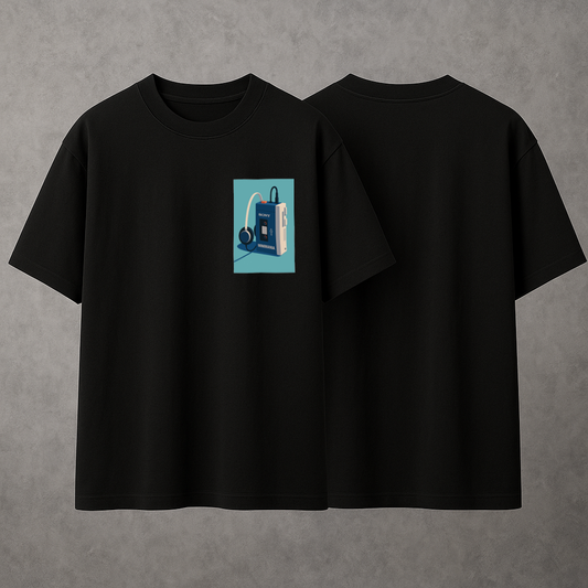 Black Oversized Graphic Tee - Walkman Design